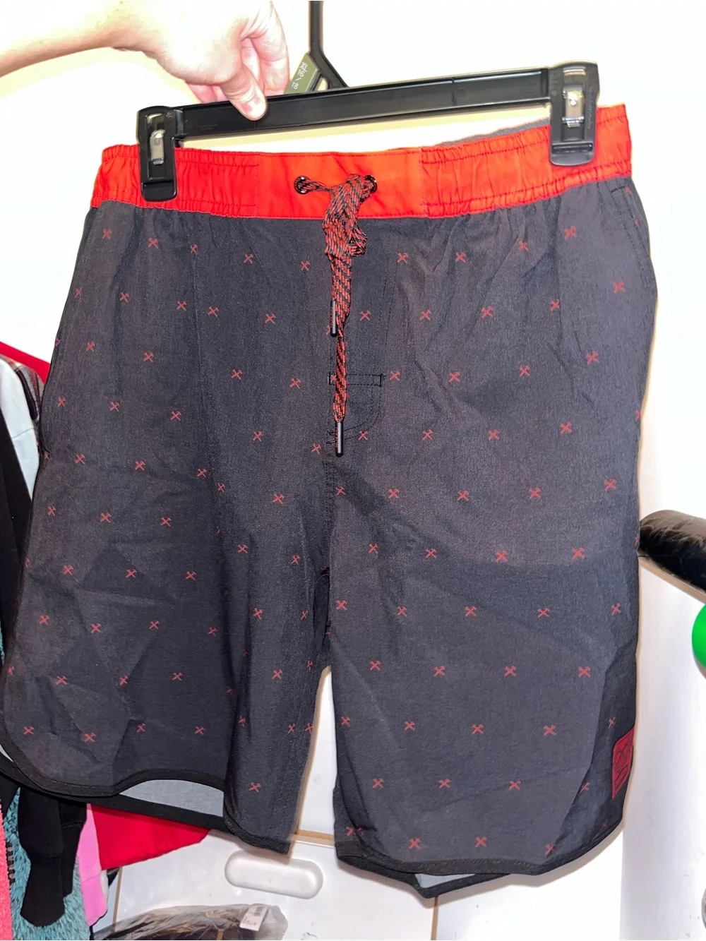DIXXON Black Swim Board Shorts with Red Waistband